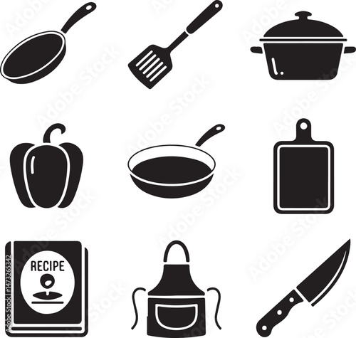Essential Kitchen Tools Silhouette Set

Modern Chef Cooking in Kitchen Vector

Minimalist Kitchen Utensils Illustration

Silhouette of Home Kitchen Interior

Baking and Cooking Utensil Design