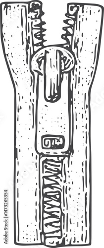 Zipper illustration, a key sewing component for garments, depicted in a vintage sketch style, perfect for dressmaking and crafting projects on a white background