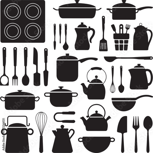 Essential Kitchen Tools Silhouette Set

Modern Chef Cooking in Kitchen Vector

Minimalist Kitchen Utensils Illustration

Silhouette of Home Kitchen Interior

Baking and Cooking Utensil Design