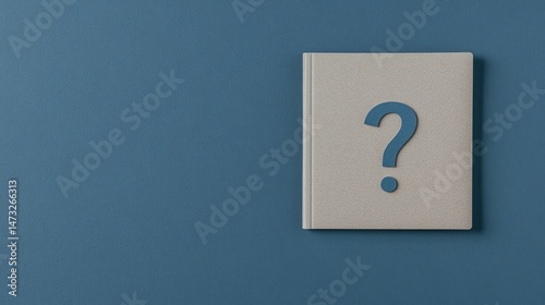 A closed book with a large question mark on the cover lies on a blue background, suggesting mystery or curiosity.