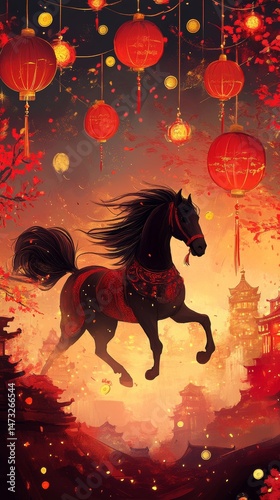 Create a vibrant scene for Chinese New Year featuring the Shio Horse, adorned with traditional decorations like red lanterns and gold coins, galloping joyfully through a festive landscape