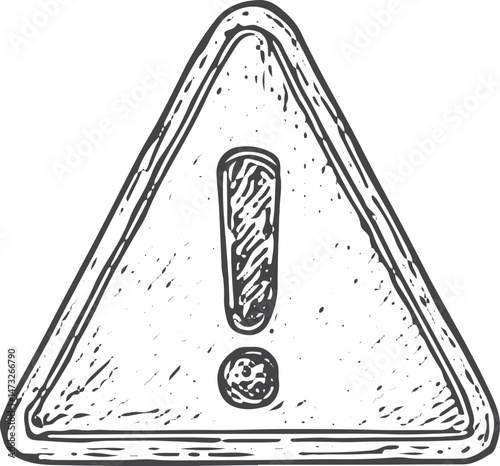Warning sign illustration with an exclamation mark, a safety symbol for sewing, depicted in a vintage sketch style, ideal for crafting and dressmaking projects on a white background