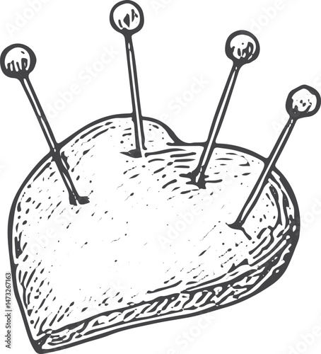 Round pincushion with pins, a tailor’s essential for organizing sewing needles, depicted in a vintage sketch style, ideal for dressmaking and crafting projects on a white background