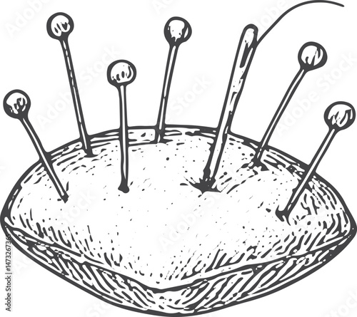 Round pincushion with pins, a tailor’s essential for organizing sewing needles, depicted in a vintage sketch style, ideal for dressmaking and crafting projects on a white background