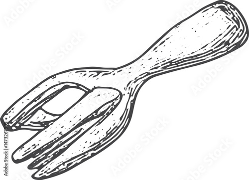 A detailed black and white illustration of a tailor's fork, a tool used for fabric manipulation and measuring, symbolizing precision and craftsmanship in tailoring and sewing