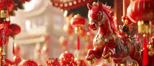 Create a vibrant scene for Chinese New Year featuring the Shio Horse, adorned with traditional decorations like red lanterns and gold coins, galloping joyfully through a festive landscape