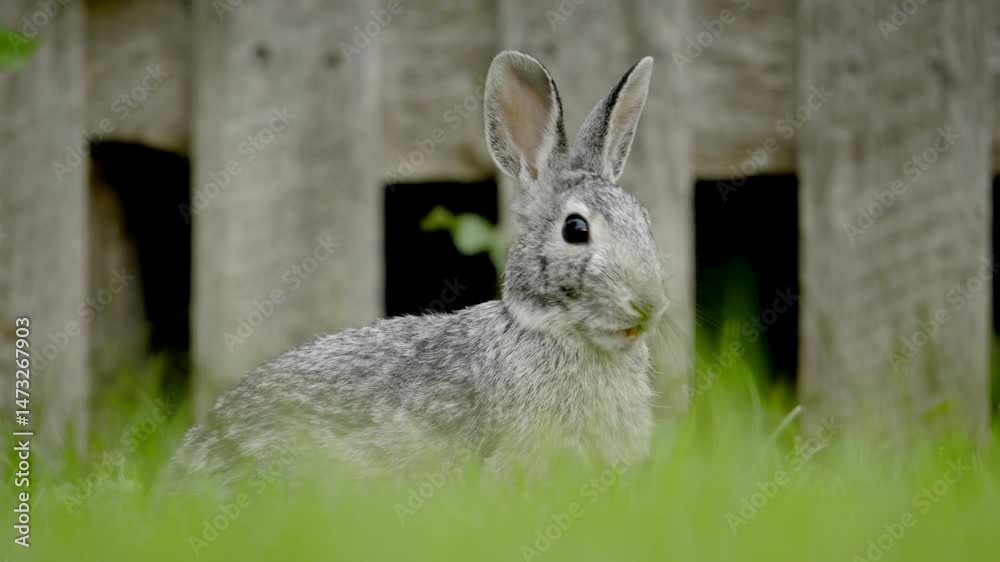 A rabbit eats grass and rests on the edge of the grass. Close up