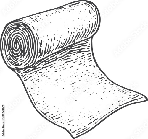 Fabric roll illustration, a tailor’s material for sewing projects, shown in a vintage sketch style, perfect for dressmaking and crafting on a white background