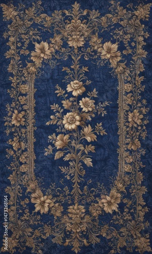 Royal blue floral tapestry, intricate Victorian design  Vintage textile , seamless, refined, period