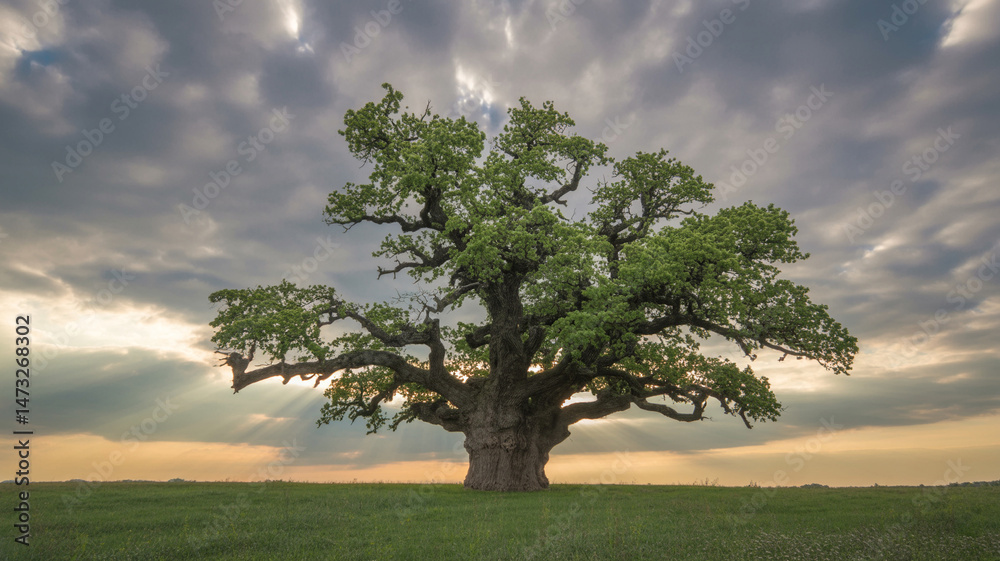 Fototapeta premium Majestic oak tree standing alone under dramatic sky with rays of sunlight bursting through