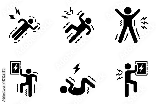 Electric shock icon set, electrocuted person, vector illustration on white background