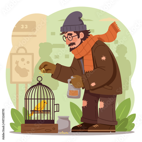 Man Feeding Bird in Cage Homelessness Theme Vector Illustration