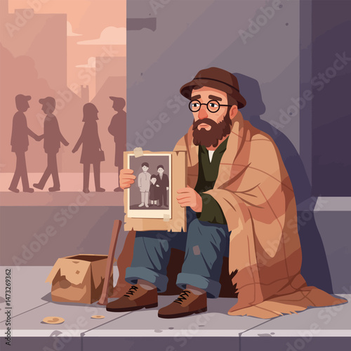 Homeless Man Sitting Holding Family Picture on the City Street