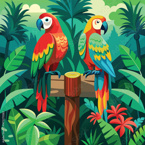 Colorful macaw parrots perched on a wooden post in a lush tropical jungle