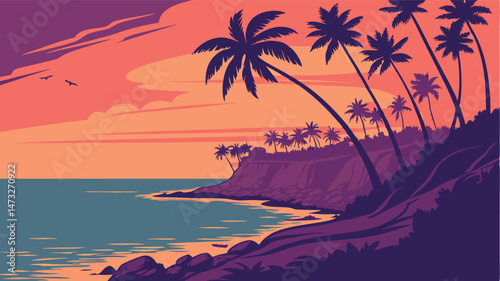 Tropical coastline illustration featuring palm trees and sunset with beach view for creative designs
