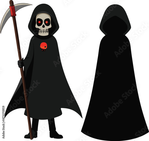 Black silhouette design of a grim reaper character with hood and scythe vector illustration