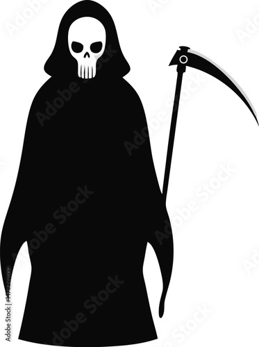 Grim reaper silhouette in black cloak with skull and scythe design on transparent background