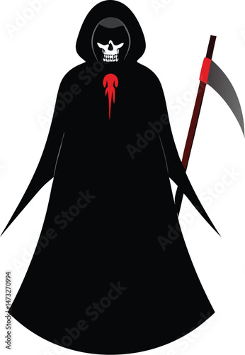 Black silhouette design of grim reaper in a cloak with skull head and scythe