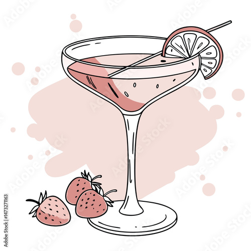 Stylish illustration of a strawberry cocktail with fruit garnish on a white background design