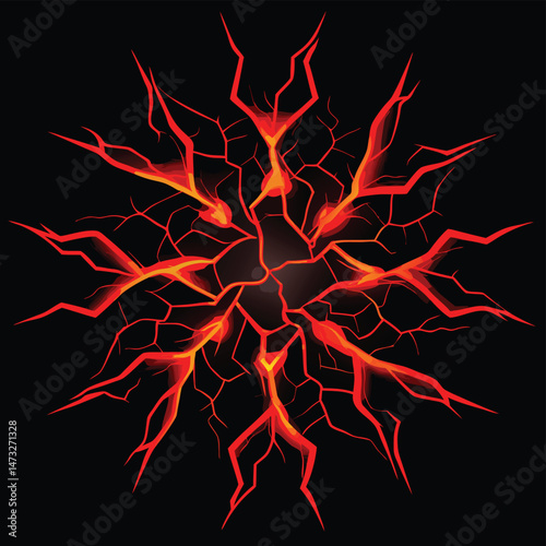 Abstract illustration of fiery cracks radiating from a central dark vortex on black background
