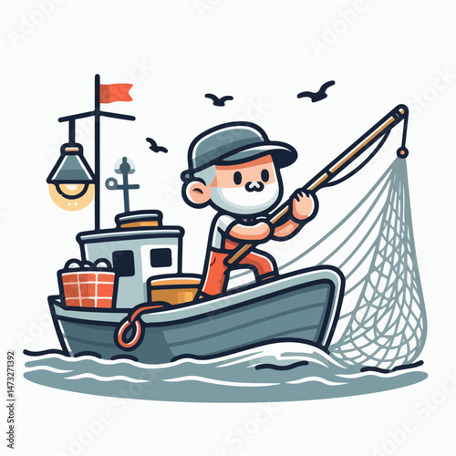 vector illustration of fisherman pulling fishing net on white background