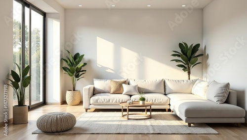 Serene minimalist living room with simple decor, natural light, and neutral tones , window, floor, grey
