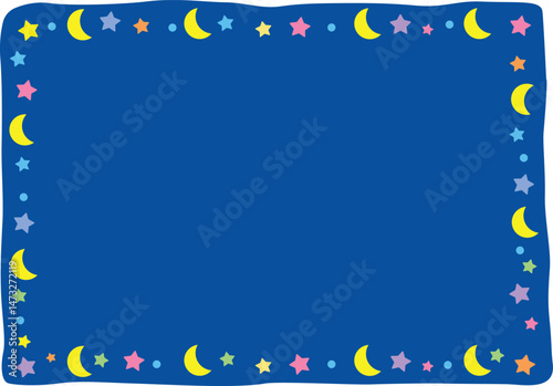 Frame with moon, colorful stars and blue background. Cute, simple, flat. Vector illustration.