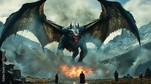 Epic confrontation: A towering dragon facing warriors in a mountainous landscape