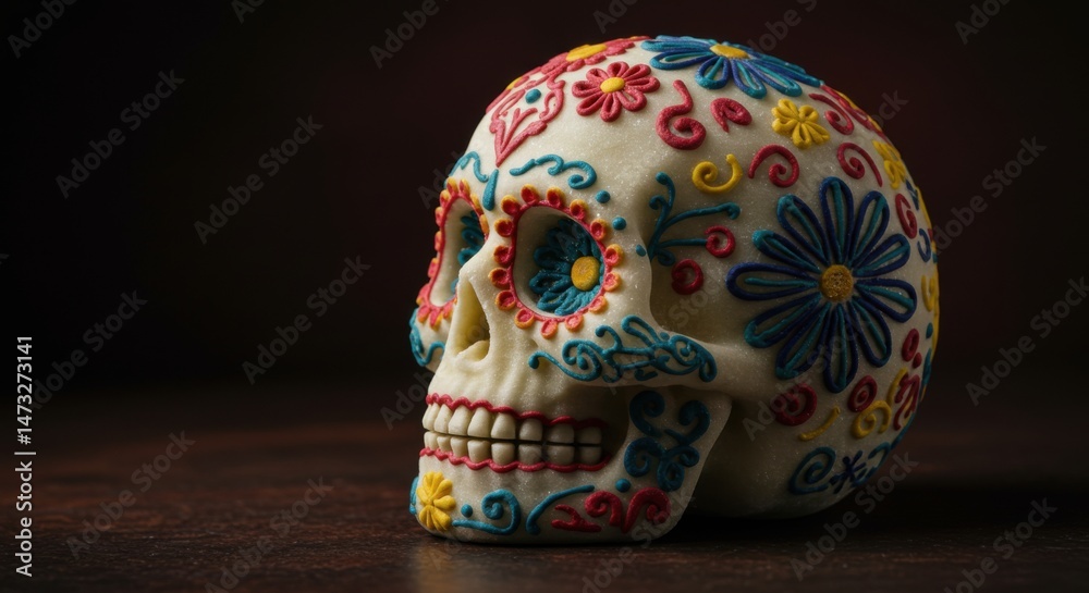 Fototapeta premium Decorated Skull with Colorful Flowers on Table