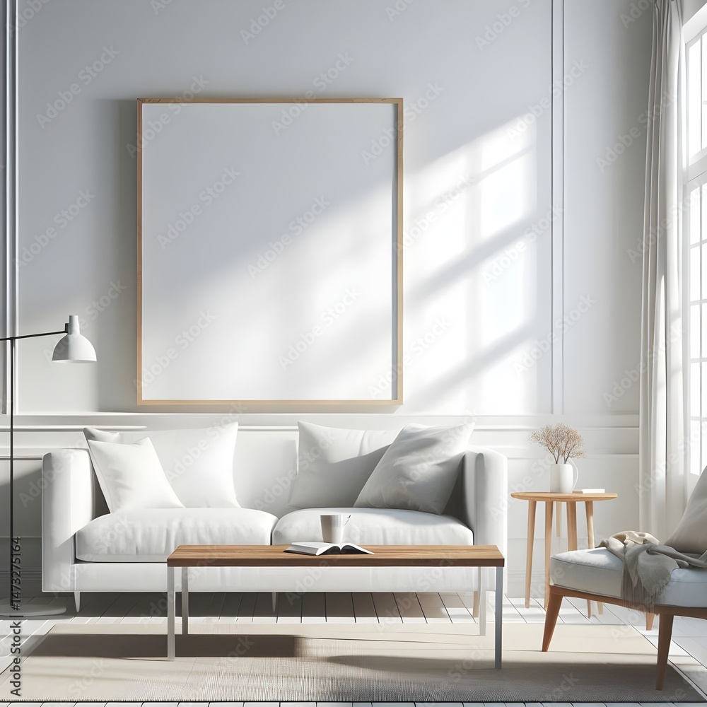 Fototapeta premium Frame mockup, ISO A paper size. Living room wall poster mockup. Interior mockup with house background. Modern interior design. 3D render 