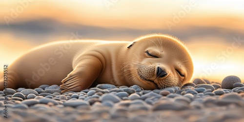 A sleepy seal pup rests on a pebbly beach, bathed in soft sunlight, embodying tranquility and the beauty of nature.