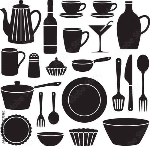 Kitchen Utensil Icons: A set of neatly arranged icons depicting various kitchen utensils. Perfect for culinary projects, cooking-related designs.