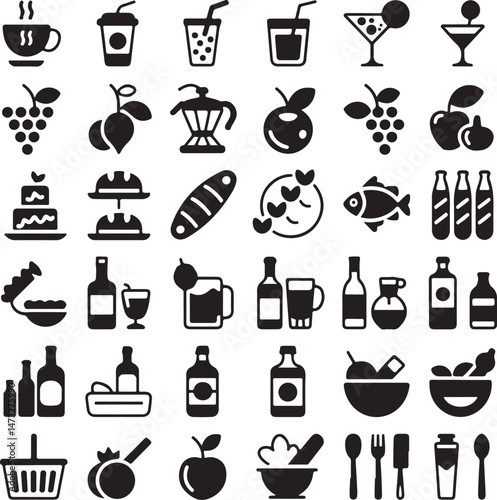 Kitchen Utensil Icons: A set of neatly arranged icons depicting various kitchen utensils. Perfect for culinary projects, cooking-related designs.