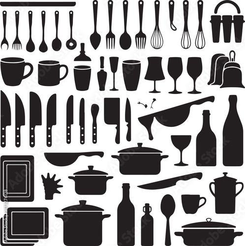 Kitchen Utensil Icons: A set of neatly arranged icons depicting various kitchen utensils. Perfect for culinary projects, cooking-related designs.