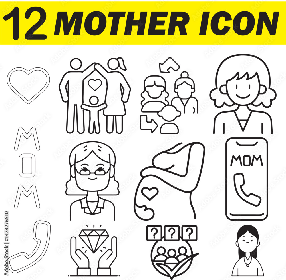 Naklejka premium set of Mother's Day icons, mom and daughter, mother and father, happy, mom, editable icon set, heart, baby, children,