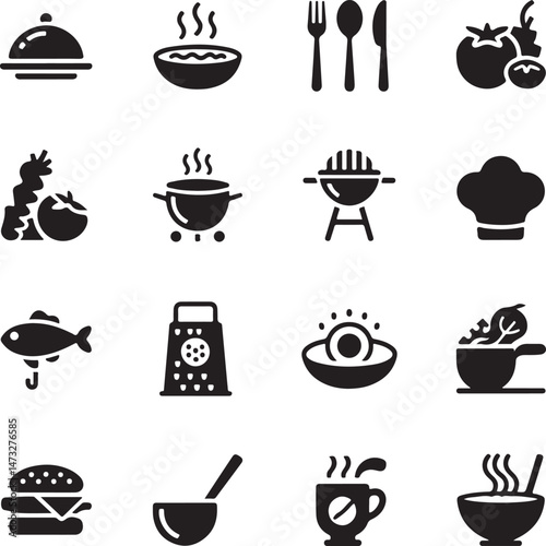 Kitchen Utensil Icons: A set of neatly arranged icons depicting various kitchen utensils. Perfect for culinary projects, cooking-related designs.