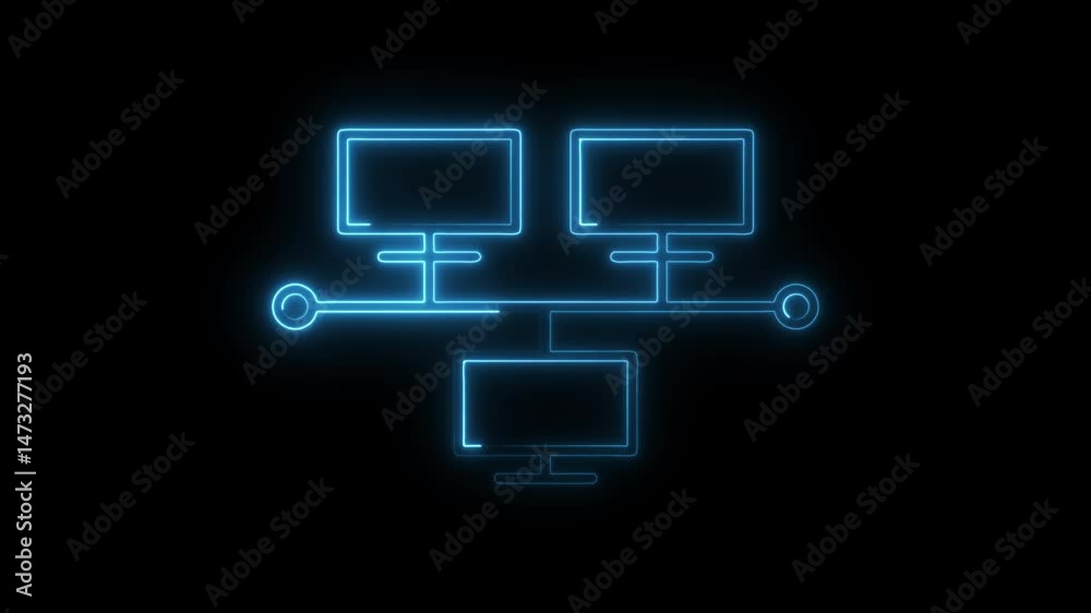 Neon network topology animation of connected computers and servers on black background