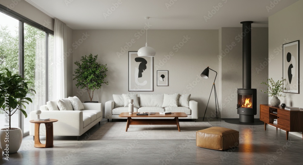 Fototapeta premium Living Room with Sofa, Fireplace, and Plants