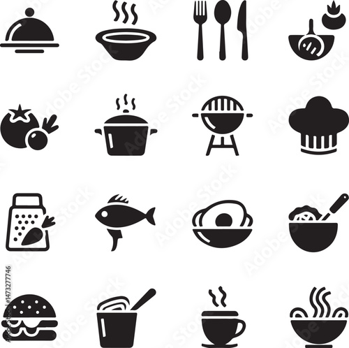 Kitchen Utensil Icons: A set of neatly arranged icons depicting various kitchen utensils. Perfect for culinary projects, cooking-related designs.