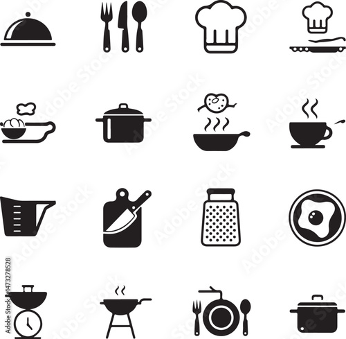 Kitchen Utensil Icons: A set of neatly arranged icons depicting various kitchen utensils. Perfect for culinary projects, cooking-related designs.