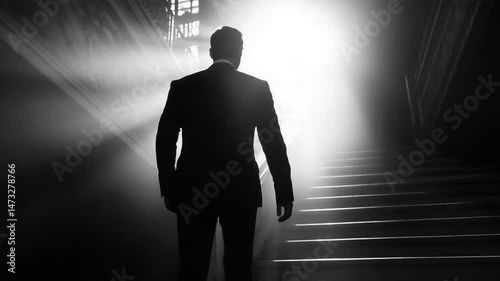 Black and white shot of a determined businessman climbing stairs towards success