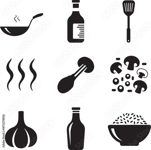 Kitchen Utensil Icons: A set of neatly arranged icons depicting various kitchen utensils. Perfect for culinary projects, cooking-related designs.
