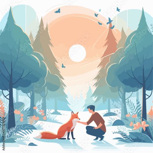 vector illustration of friendship between human and animal fox on white background