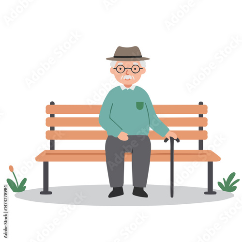 Senior man on bench - silver-haired man resting on park bench, thoughtfully watching autumn leaves, atmosphere of peaceful solitude and wise contemplation.