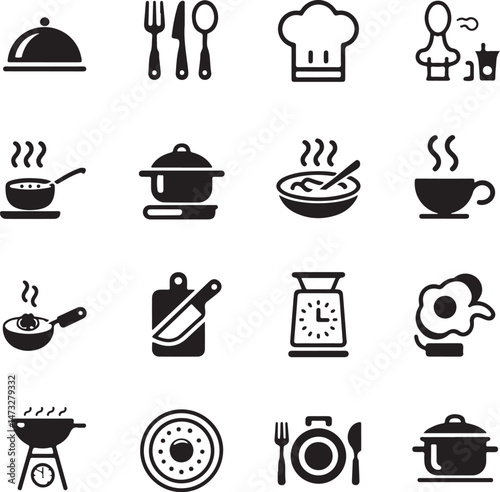 Kitchen Utensil Icons: A set of neatly arranged icons depicting various kitchen utensils. Perfect for culinary projects, cooking-related designs.