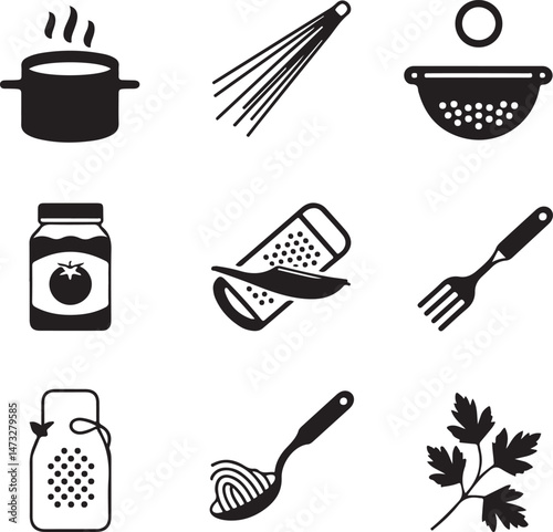 Kitchen Utensil Icons: A set of neatly arranged icons depicting various kitchen utensils. Perfect for culinary projects, cooking-related designs.
