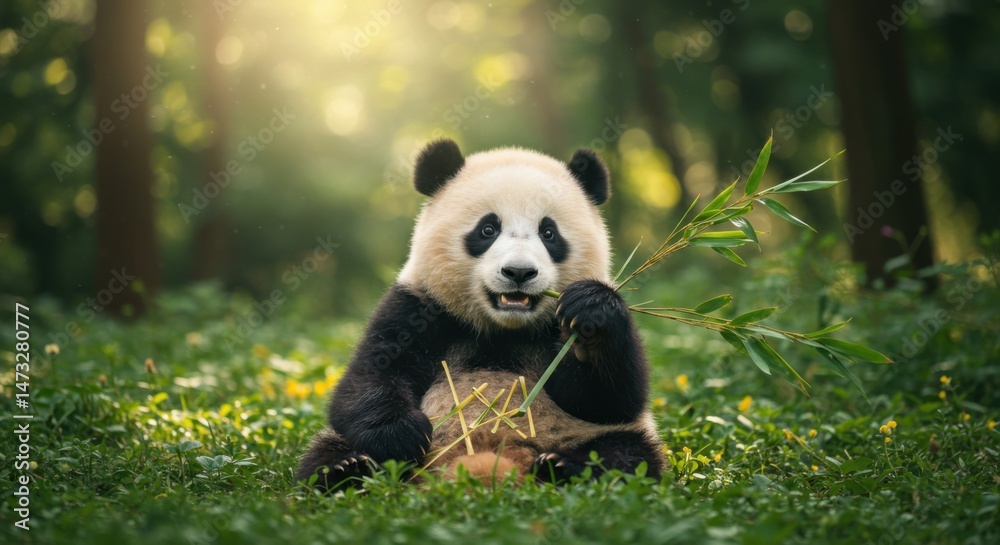 Fototapeta premium Panda Eating Bamboo in Grassy Forest Glade