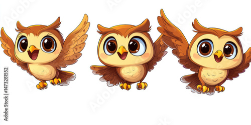 Wallpaper Mural Three adorable cartoon owls with large eyes,  joyful expressions, and outstretched wings, flying against a white background Torontodigital.ca