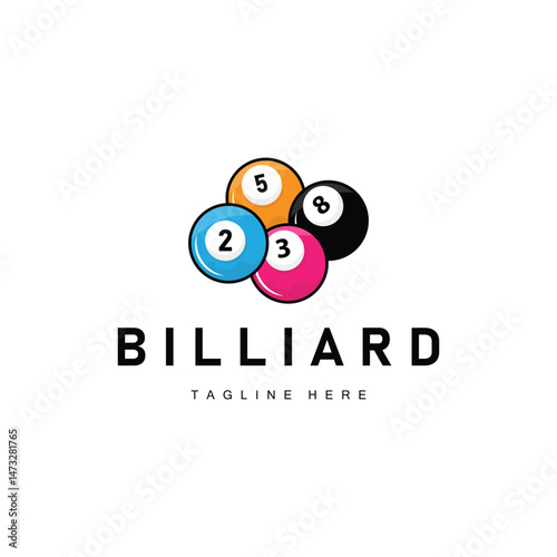 Billiard club logo design vector game badge sport template pool table with ball and stick simple illustration template