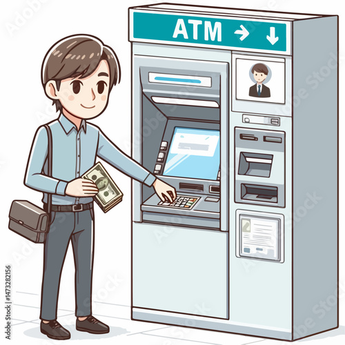 vector illustration of person withdrawing money from atm on white background